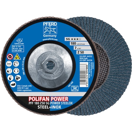 Pferd Flap Disc, 7''x5/8-11, Z SG POWER STEELOX, 50 Grit, T27, Flat, Zirconia 64558